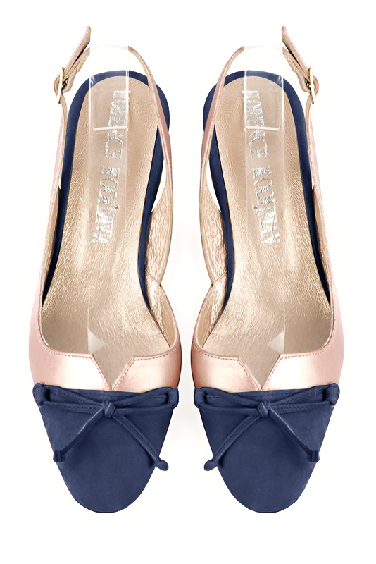 Prussian blue and powder pink women's open back shoes, with a knot. Round toe. Low comma heels. Top view - Florence KOOIJMAN